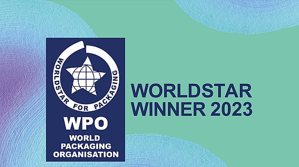 Logo for Worldstar Packaging Award winner 2023 on top of a green, blue and purple brushstroke background